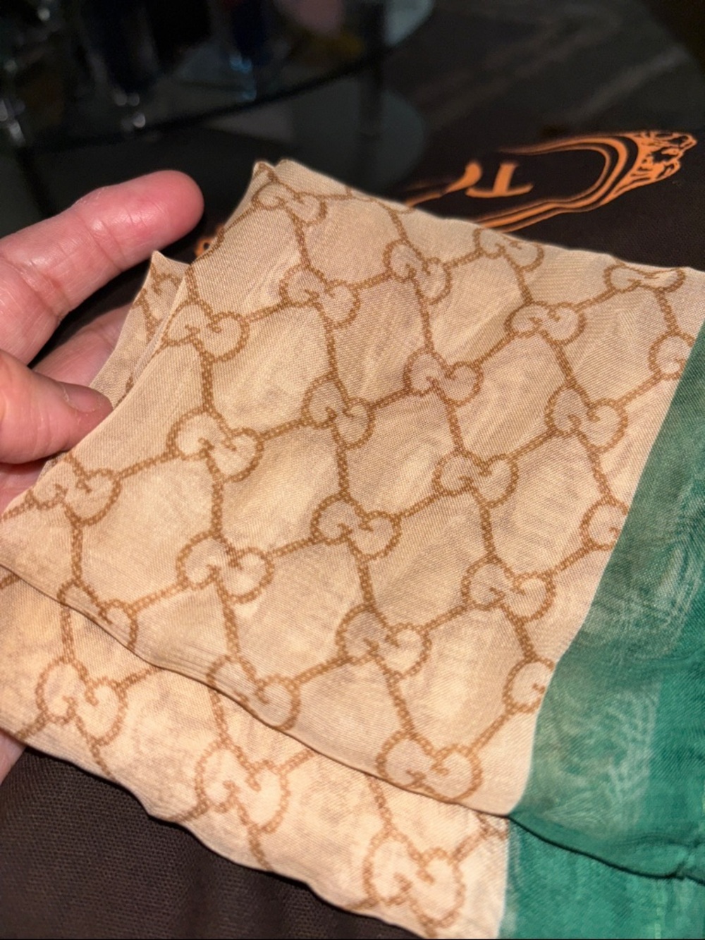Gucci Beige Monogram Scarf with Red and Green Stripe - Picture 6 of 6
